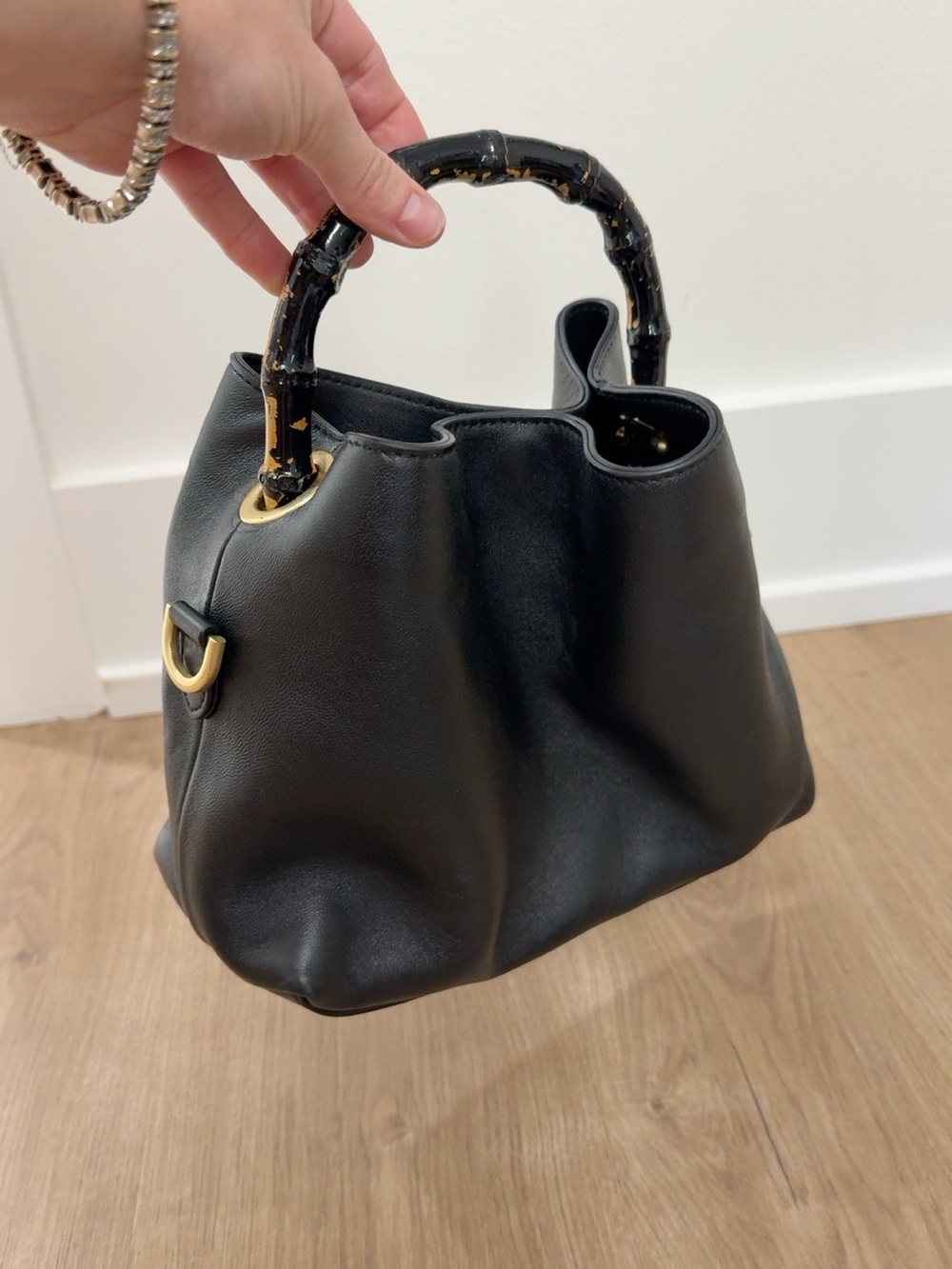 J. McLaughlin Black Leather Satchel with Bamboo-Style Handle